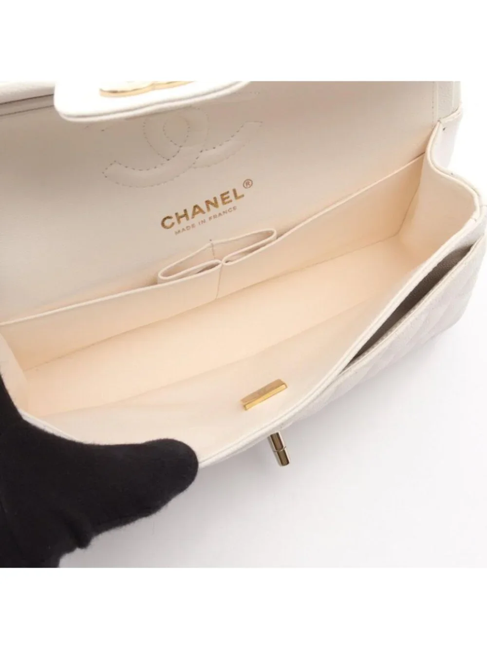 Chanel Shoulder Bag Quilted Double Flap White Caviar Leather Chain